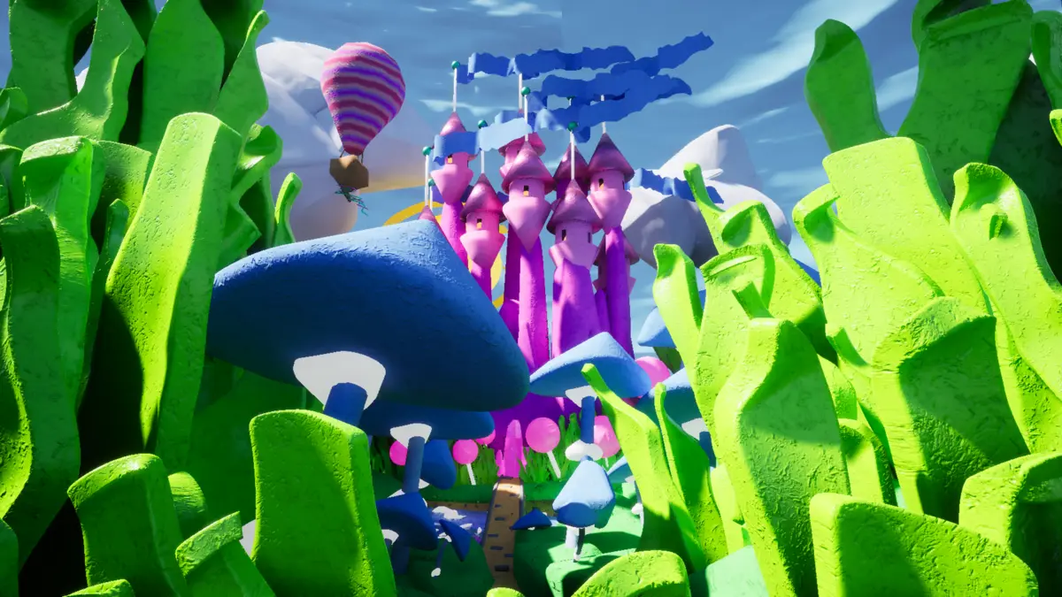 Pink castle towers behind giant blue mushrooms and green leaves