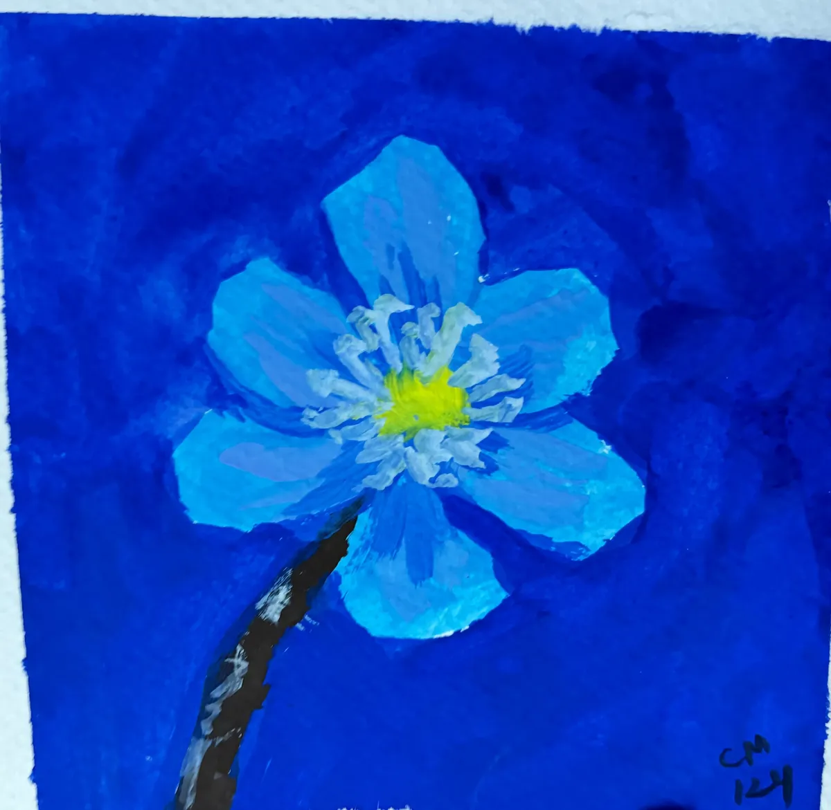 Blue Blossom: Original gouache in a sketchbook, signed by the artist. A sky-blue blossom with a yellow center rising out of rich ultramarine.
