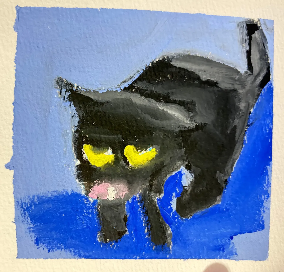 Dinah Lix 1: Original gouache in a sketchbook. The first study of the artist’s black cat, Dinah, scruffy and glowing-eyed on a cobalt floor.