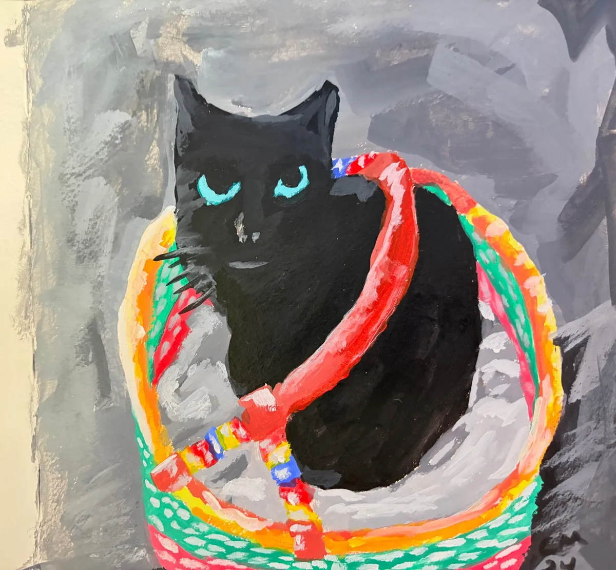 Cozy Dinah: Original acrylic, signed by the artist. The artist’s black cat, Dinah, curled up in a rainbow-striped basket with her turquoise eyes half closed.
