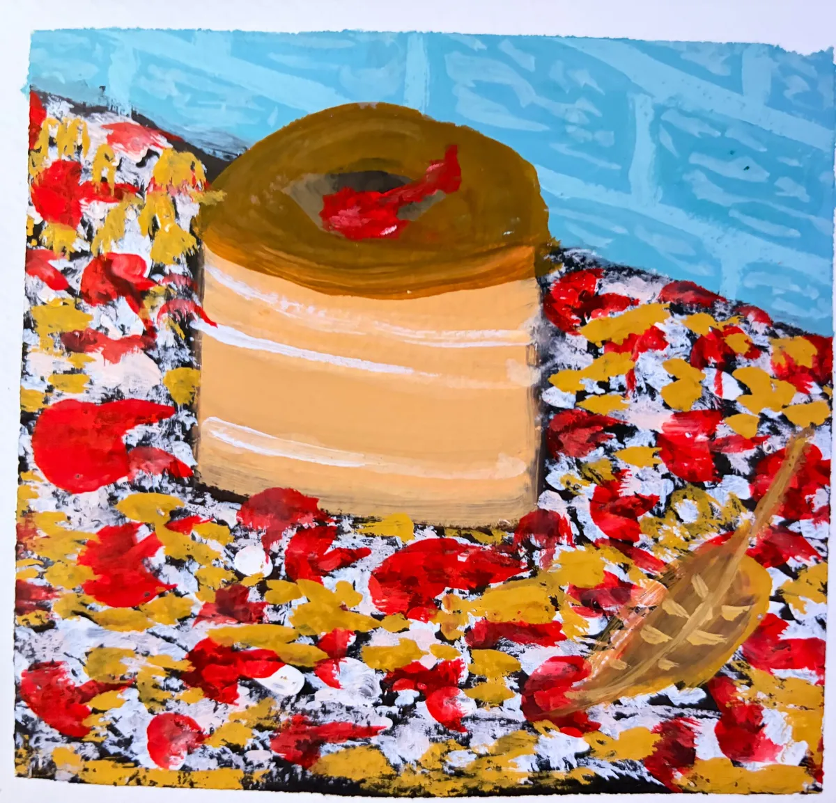Upturned Bucket: Original gouache in a sketchbook. An upturned bucket sits outside among fallen red and gold leaves, with a single red leaf on top and a pale blue wall behind.