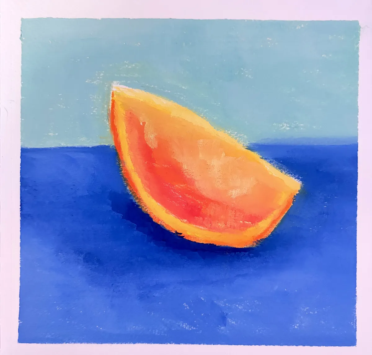 Grapefruit Slice: Original oil on paper. A glowing wedge of pink grapefruit on a deep blue table.