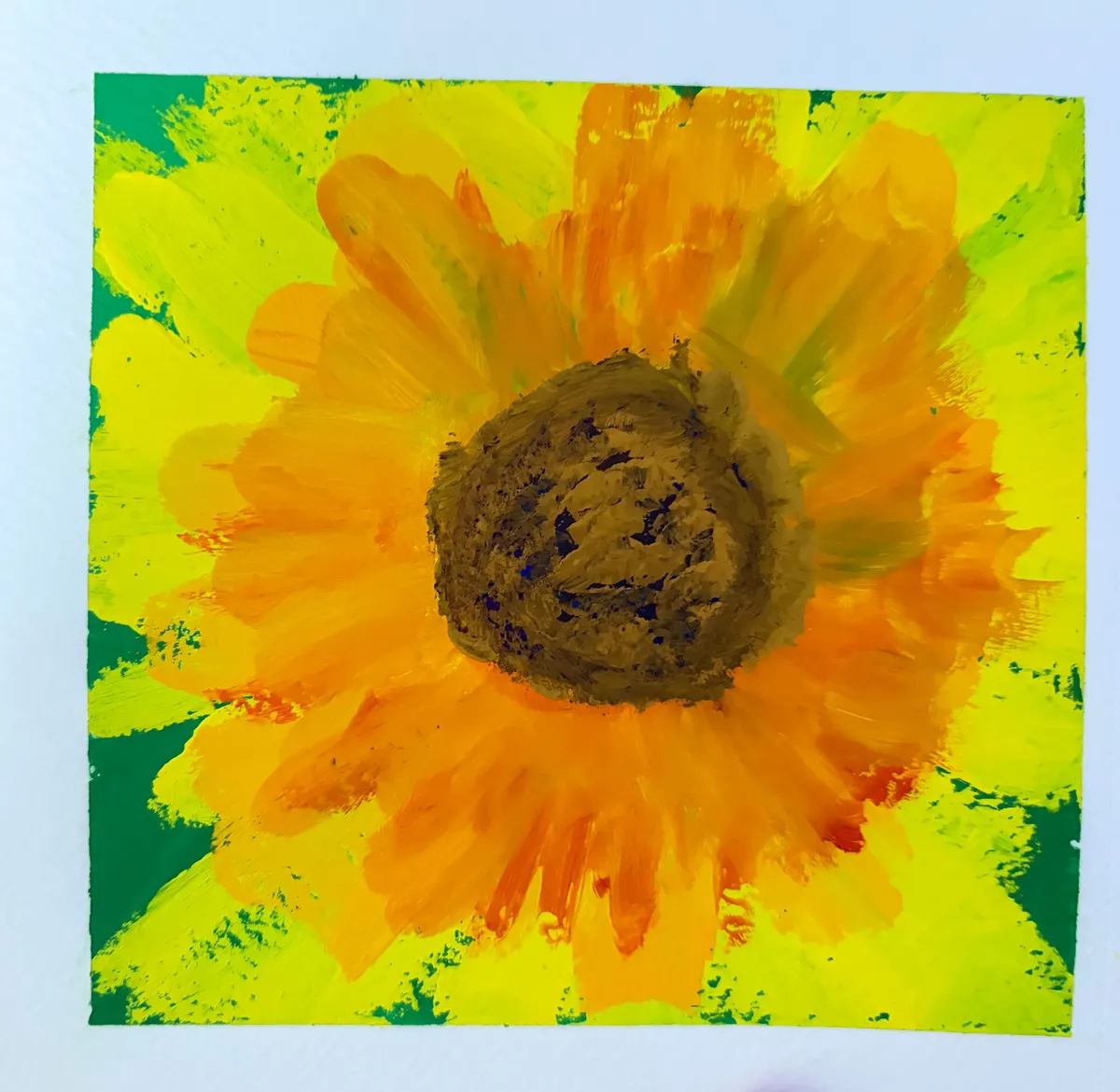 Orange Sunflower: Original gouache in a sketchbook. Loose orange and lemon-yellow petals burst from a dark, speckled seed head.