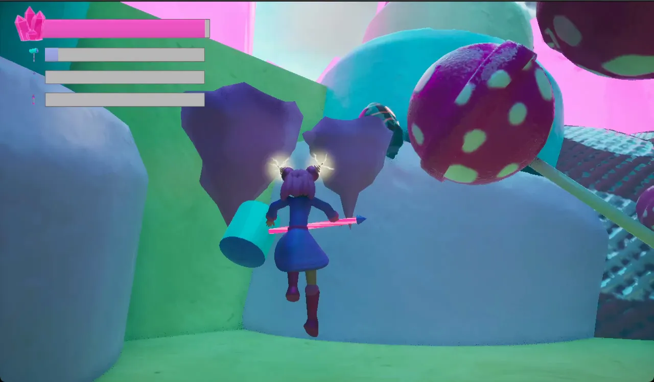 Amber exploring a candy landscape with a giant lollipop