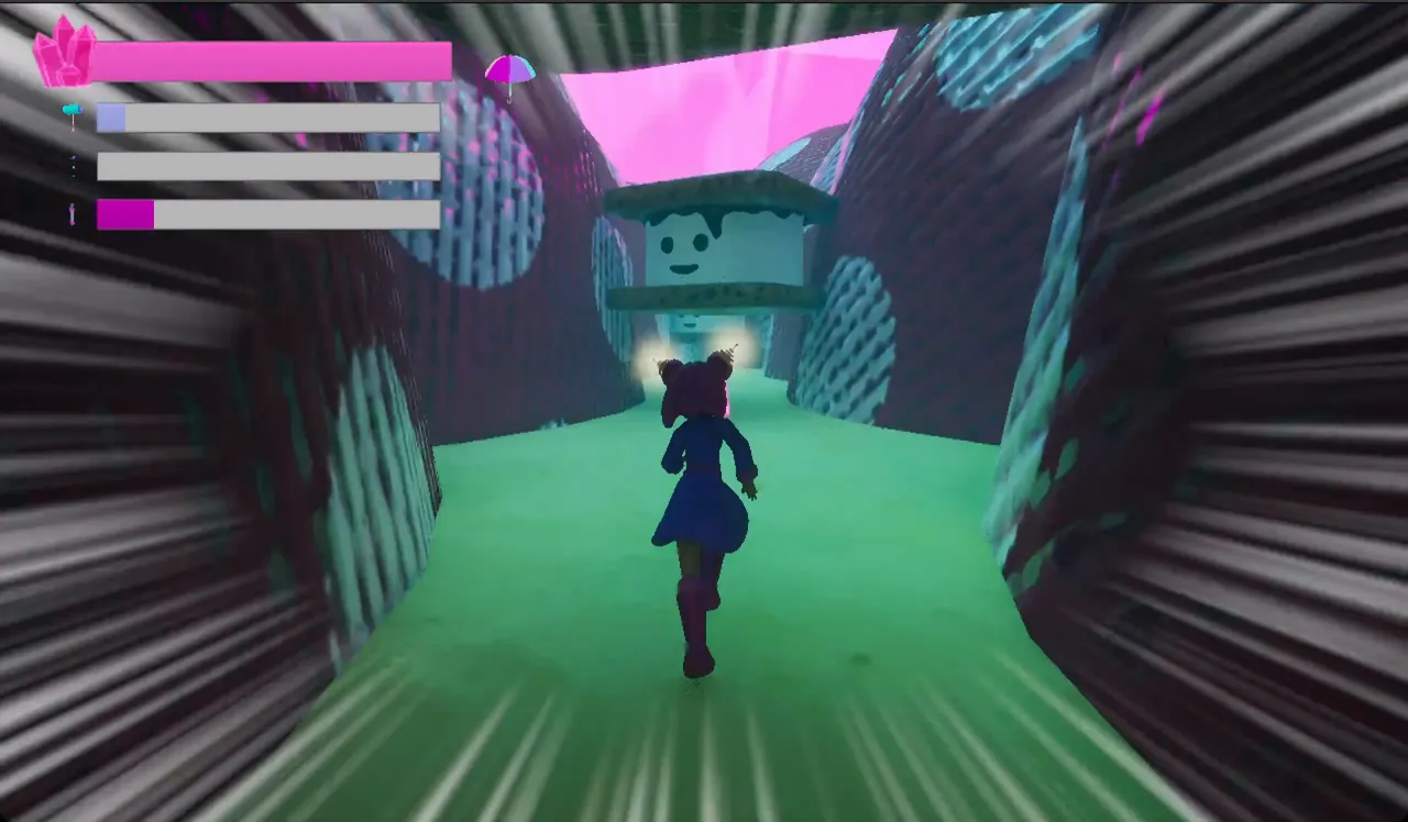 Amber racing down a grassy corridor