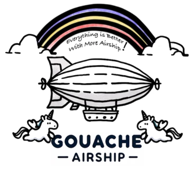 Gouache Airship logo: an airship under a rainbow, flanked by unicorns